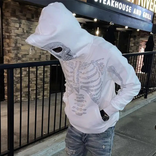 Skeleton Rhinestones Off White Full Zip Hoodie Men/Women Tops